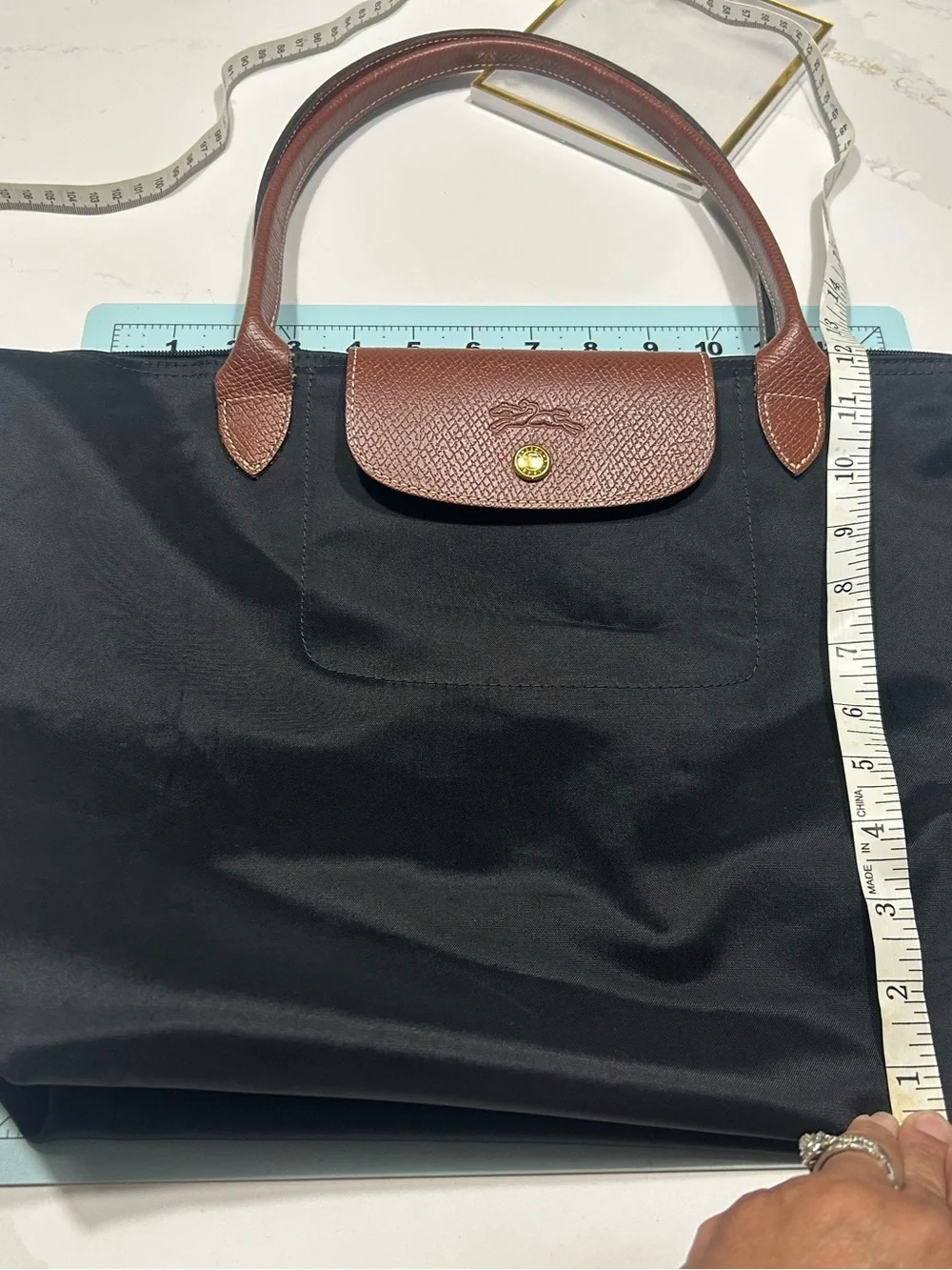 Longchamp Black Tote with Brown Trim and Handles